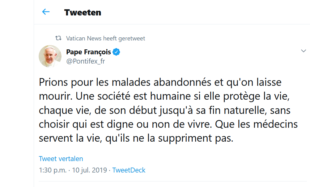 De tweet van paus Franciscus van woensdag 10 juli 2018 © VaticanMedia De tweet van paus Franciscus van woensdag 10 juli 2018 © VaticanMedia