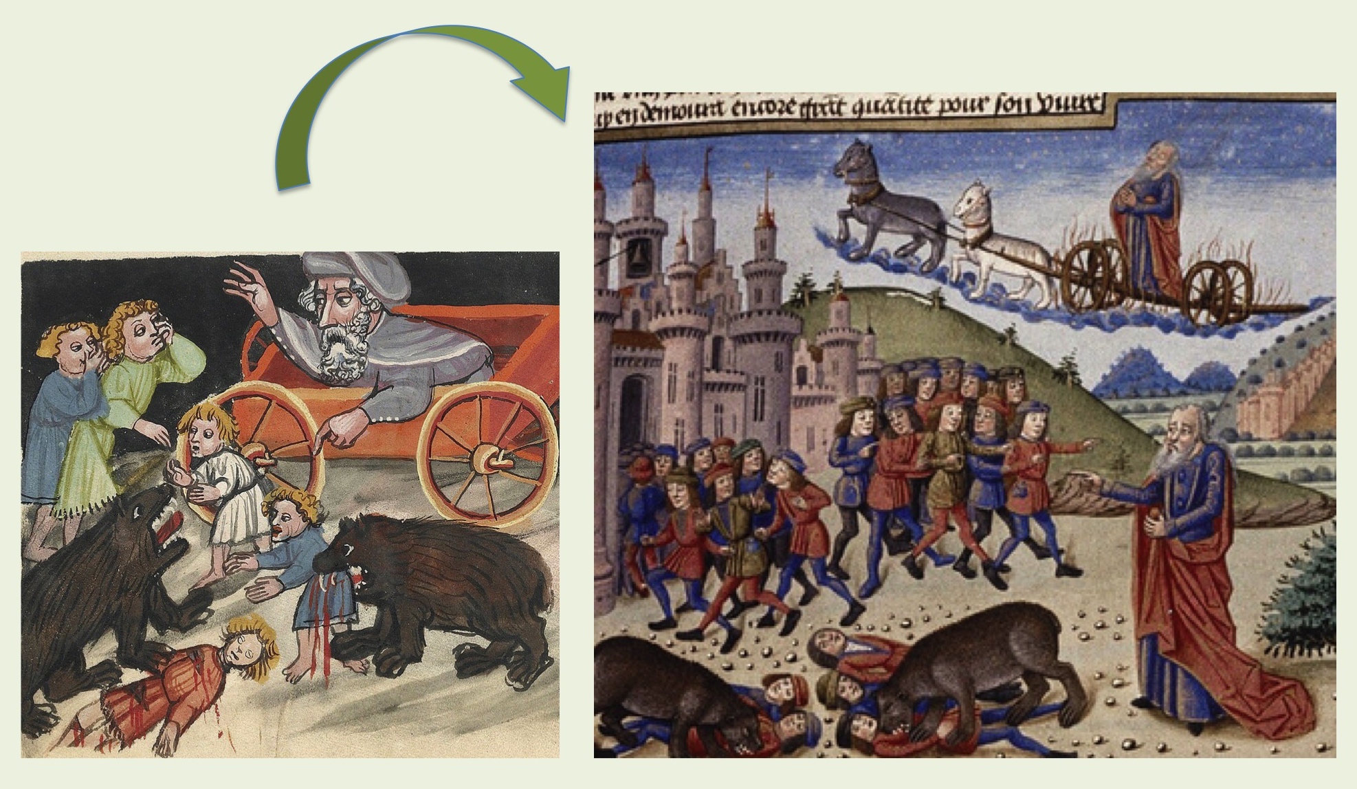 Waartoe een foute voorstelling van Bijbelverhalen kan leiden! In het eerste beeld zien we kinderen een gruwelijke dood sterven, aangemoedigd door Elisa. Het tweede beeld (uit een middeleeuws Frans manuscript) geeft context en toont geen kinderen. © RR Waartoe een foute voorstelling van Bijbelverhalen kan leiden! In het eerste beeld zien we kinderen een gruwelijke dood sterven, aangemoedigd door Elisa. Het tweede beeld (uit een middeleeuws Frans manuscript) geeft context en toont geen kinderen. © RR