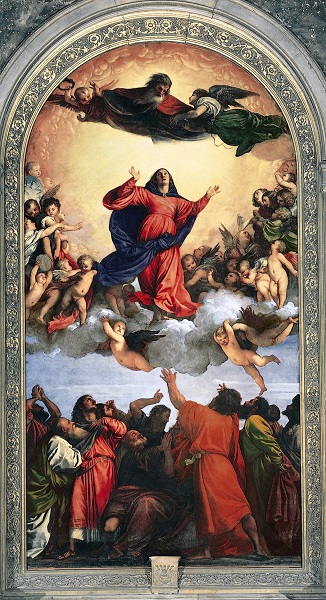 In de christelijke kunst wordt de opneming van Maria in de hemel bijzonder indrukwekkend uitgebeeld door een kleurrijk renaissance meesterwerk van Titiaan : Maria neemt afscheid van al het aardse en trilt de hemel tegemoet. Typisch voor het realisme van Titiaan is dat Maria niet naar boven zweeft, maar naar boven gedragen wordt, hetgeen door de armbeweging van de apostel verduidelijkt wordt. God verwacht haar al. De rode kleur symboliseert het leven en de opstanding (Maria-Tenhemelopneming van Titiaan 1516/18, Santa Maria Gloriosa dei Frari in Venetië)