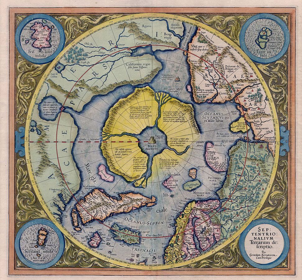 Kaart uit het Septentrionalium Terrarum van Mercator © Wikipedia Kaart uit het Septentrionalium Terrarum van Mercator © Wikipedia