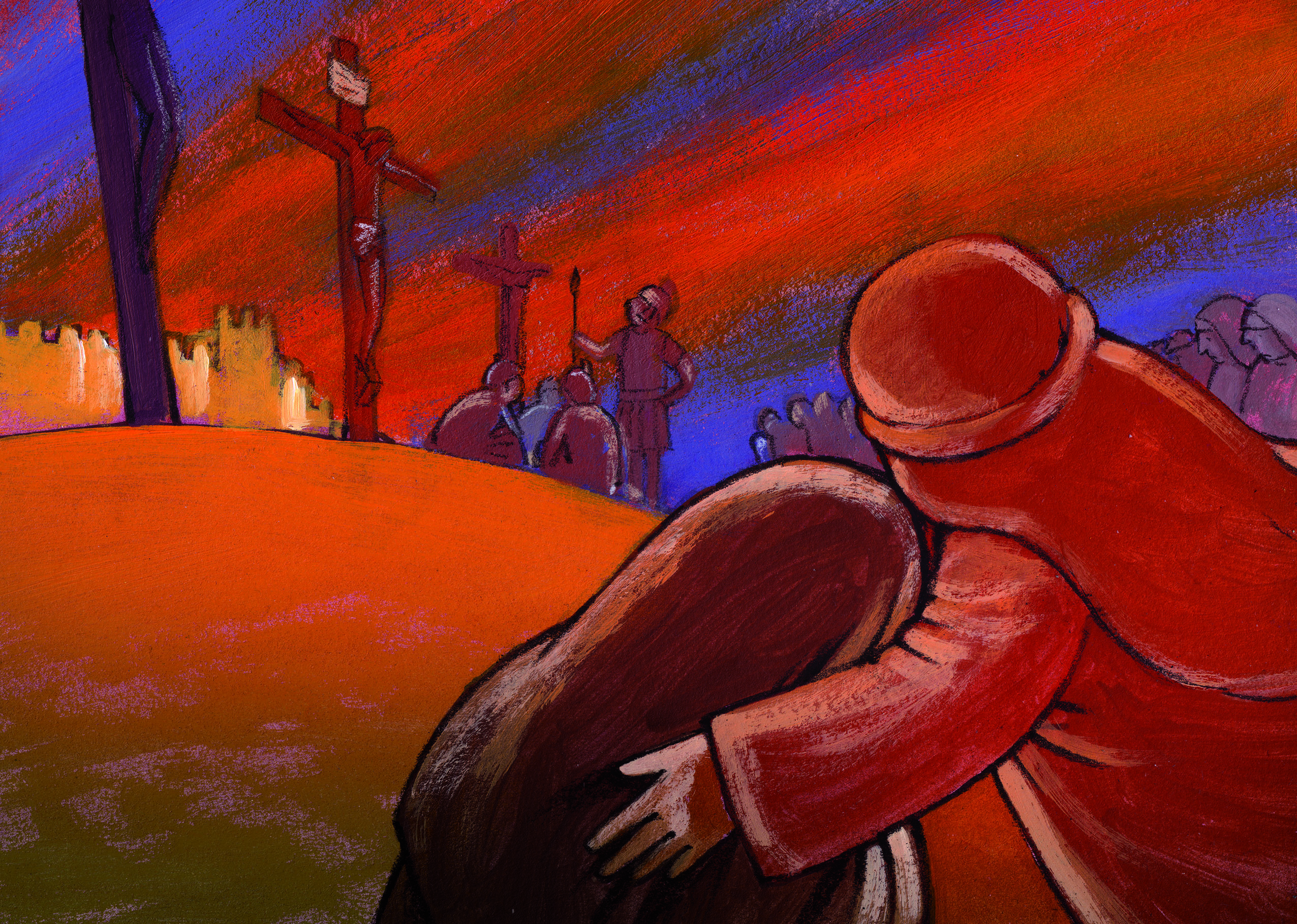 Omarming bij het kruis © Roel Ottow in 'Hosanna'