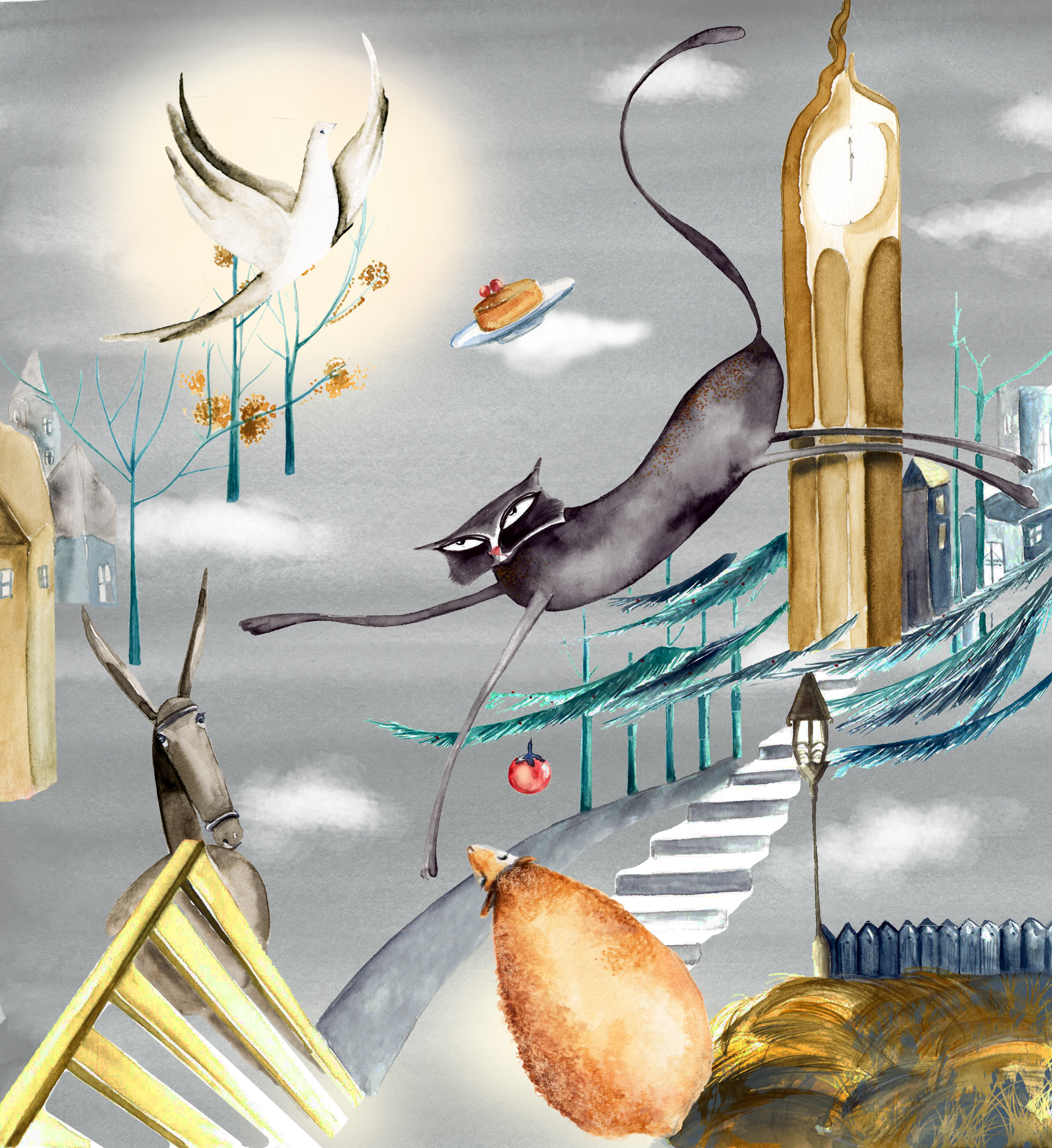 De kat en de duif © Illustratie Nilu Kuhpour De kat en de duif © Illustratie Nilu Kuhpour