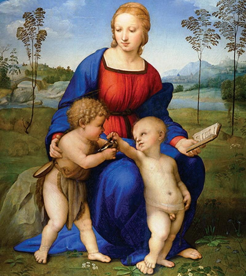 Madonna del Cardellino, Rafaël. Maria met Jezus en Johannes, die een distelvinkje bij heeft, symbool van Christus' passie. © WikiCommons Madonna del Cardellino, Rafaël. Maria met Jezus en Johannes, die een distelvinkje bij heeft, symbool van Christus' passie. © WikiCommons