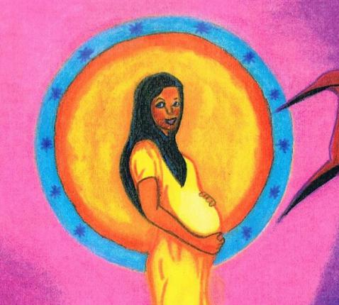 De vrouw en de draak (Apok 12) - Pasteltekening van John Astria 