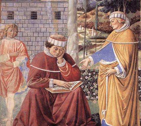 Augustinus leest de brieven van Paulus © Door Benozzo Gozzoli - Web Gallery of Art:   Afbeelding  Info about artwork, Publiek domein, https://commons.wikimedia.org/w/index.php?curid=49703