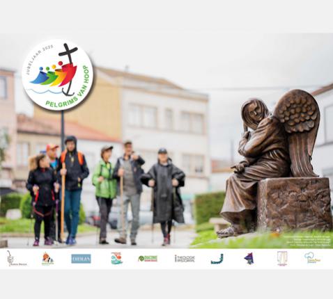 afbeelding affiche grondtoon 'Pelgrims van hoop' © Timothy Schmalz - Be Welcoming, Diocese of Lugo