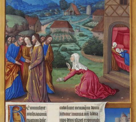Jezus en de Kananese vrouw, Miniatuur door Jean Colombe, uit het getijdenboek 'Les très riches heures du Duc de Berry', 15de eeuw, Musée Condé, Chantilly, Frankrijk. 