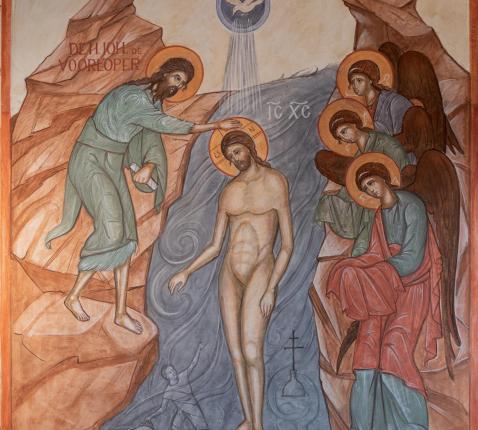 Fresco in de orthodoxe Andreaskerk: de doop van Christus © J.P. Vanhopplinus