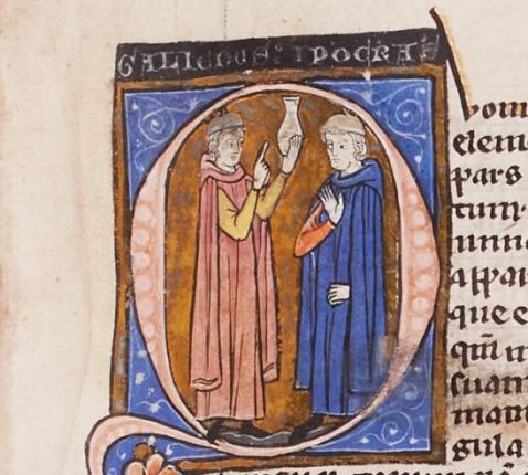 Galenus houdt een urinestaal omhoog. Hij is in gesprek met Hippocrates. (Ms. 93/61, fol. 19r) © stad Brugge