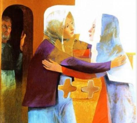 “La visitation” van de Franse schilder Arcabas, pseudoniem van Jean-Marie Pirot, 1926-2018 – vergaderzaal van de bisschoppen in Mechelen – aan het raam op de achtergrond: Zacharias, de man van Elisabeth 