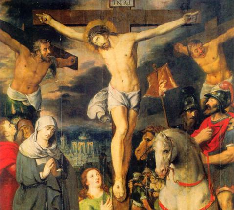 Christus aan het kruis tussen twee misdadigers, Middenpaneel van een Calvariedrieluik, begin 17de eeuw, Sint-Gummaruskerk © Andreas Lechtape, Münster