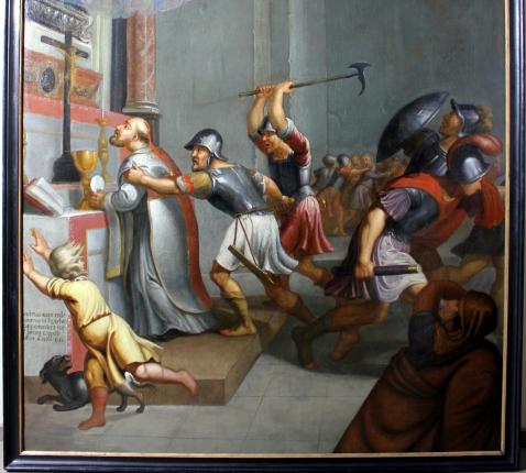 Moord op priester Fredegerus, schilderij in de Sint-Pieterskapel door F. Cuyl, 1698 
