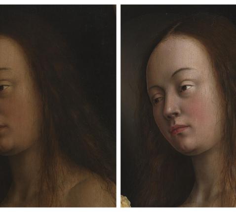 Detail van het hoofd van Eva voor (links) en na (rechts) behandeling. © Sint-Baafskathedraal Gent, www.artinflanders.be, foto KIK-IRPA