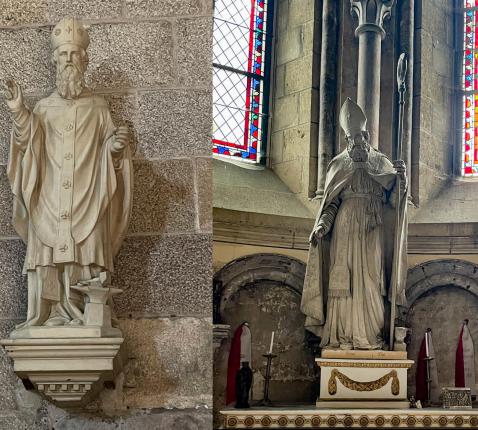 Links St.-Elooi in de abdijkerk van Solignac, rechts zijn beeld in de kathedraal van Noyon. Hij draagt telkens een mijter en is vergezeld van een aambeeld. © Chris Van der Meeren