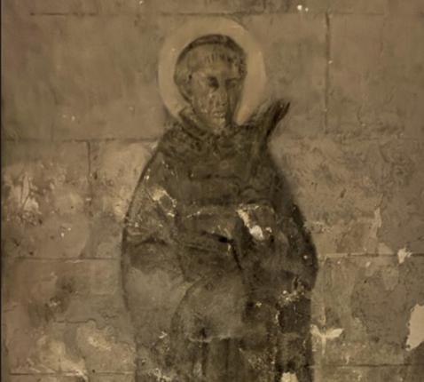 Fresco van Laurentius in de crypte van de Basilique Notre Dame in Boulogne-sur-Mer. © Dirk Van Erps
