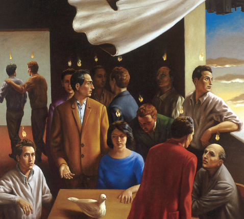 Pinksteren (Stefano di Stasïo, olie op doek, 1998). Wind, duif, vuur, alle elementen die verwijzen naar de heilige Geest zijn aanwezig op dit doek. Maar de mensen schijnen het nog te moeten voelen en moeten nog in beweging komen. © Stefano di Stasïo
