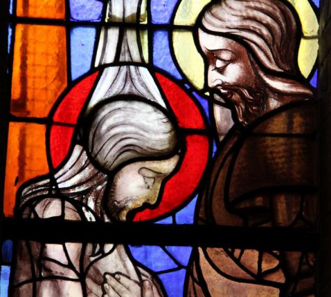 detail glasraam in de doopkapel van OLV Middelares door Alfons Annys, kerstdag 1937 © Mia Verbanck