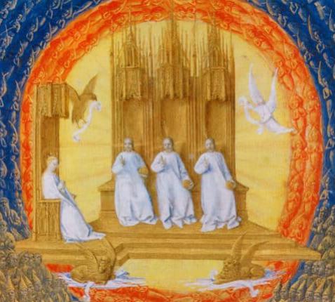 The Trinity in its Glory, door Jean Fouquet, 1445, Illustratie in de Hours of Etienne Chevalier, © Musée Condé, Chantilly, Frankrijk 