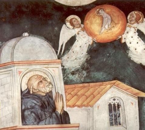 Benedictus ziet vanuit een toren in Montecassino de ziel van zijn zuster Scholastica in de gedaante van een duif ten hemel stijgen - Fresco Umbria-Marchigiana school, 15de eeuw 