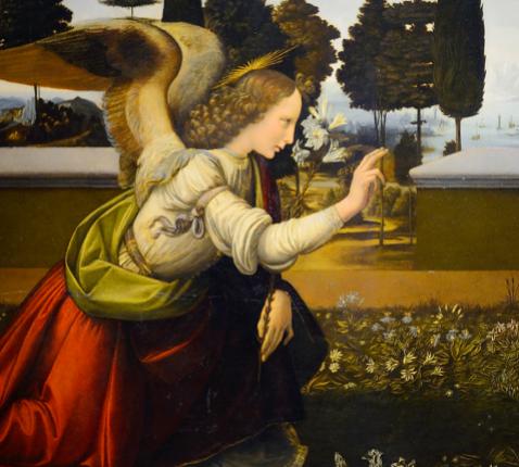 De Annunciatie (1475) ~ Leonardo da Vinci (1452-1519) © Wikimedia, Galleria degli Uffizi, Florence