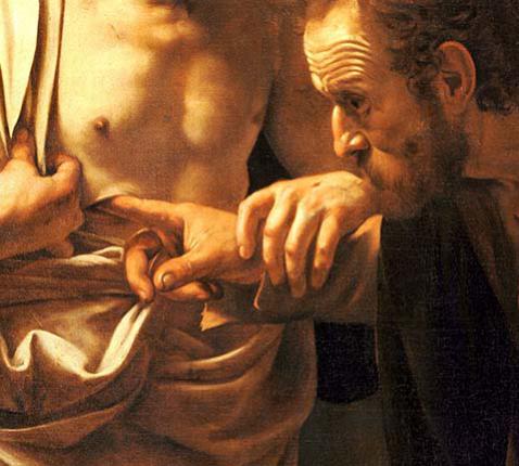 Michelangelo Merisi da Caravaggio, Het ongeloof van Sint-Tomas, ca. 1601-1602 © CC Bildergalerie von Sanssouci (Potsdam), Wikimedia Commons