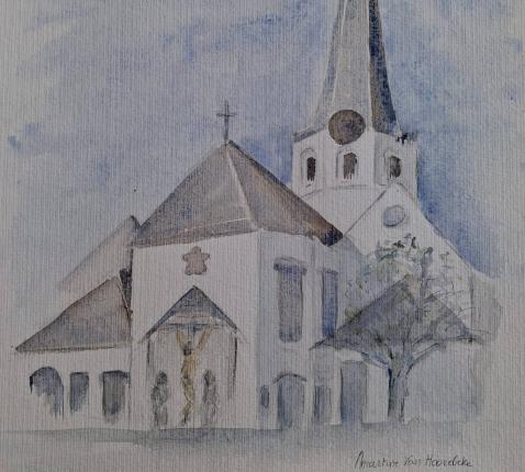 Aquarel kerk Sleidinge © Martine Van Hoorebeke