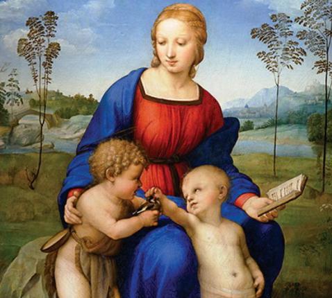 Madonna del Cardellino, Rafaël. Maria met Jezus en Johannes, die een distelvinkje bij heeft, symbool van Christus' passie.  © WikiCommons