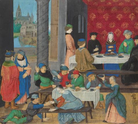 De uitgescheurde miniatuur die de deugden van de gematigdheid en de ondeugden van overvloed illustreert. De miniatuur wordt vandaag bewaard in het J.P. Getty-museum, Los Angeles. 