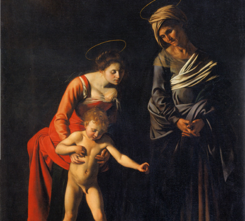 Schilderij van Caravaggio. Maria vertrapt samen met Jezus de slang die symbool staat voor de erfzonde. Naast haar ook de H. Anna, de moeder van Maria. © Wikicommons