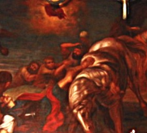 Detail uit het schilderij "Val van Saulus". Dit kunstwerk, gerestaureerd door de gemeente, is te bewonderen in het oud-gemeentehuis museum De Kluize (Dries Sint-Pauwels) 
