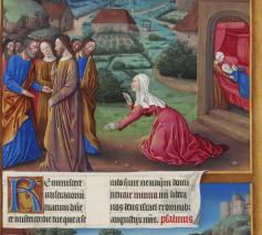 Jezus en de Kananese vrouw, Miniatuur door Jean Colombe, uit het getijdenboek 'Les très riches heures du Duc de Berry', 15de eeuw, Musée Condé, Chantilly, Frankrijk. 