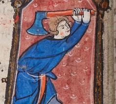 Een personage dat een dier slacht stelt de maand december voor. (AGSB, Ms. 55/171, fol. 6v) © stad Brugge