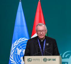 Kardinaal Parolin, nummer twee van het Vaticaan, reisde naar Dubai om de toespraak voor te lezen. © AFP