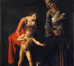 In dit schilderij van Caravaggio vertrapt Maria samen met Jezus de slang die symbool staat voor de erfzonde. De heilige Anna, moeder van Maria, heeft er ook haar aandeel in. © Wikicommons
