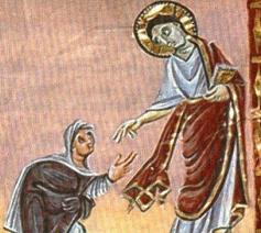 Maria Magdalena ontmoet de verrezen Jezus en wil hem aanraken. Anoniem miniatuur (ca.998-1000) uit het Evangeliarium van Otto III, Bayerische Staatsbibliothek München. 