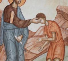 Fresco in de orthodoxe Andreaskerk: genezing van de blindgeborene – © J.P.Vanhopplinus © © J.P.Vanhopplinus