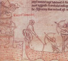 Friezen vallen de toren van Damietta aan. Uit het 13de-eeuwse verslag van de Engelse kroniekschrijver Matthew Paris. 