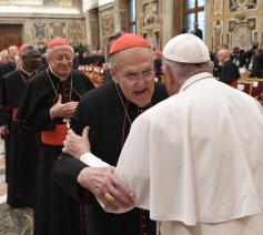 Paus Franciscus begroet de kardinalen © VaticanMedia