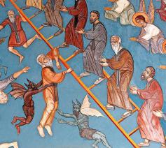 Fresco in een kerk op Cyprus: duivels proberen mensen van de ladder te trekken. © Belga Image