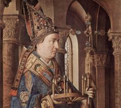 Sint-Donatianus door Jan van Eyck, de patroonheilige wordt weergegeven in de stijl van Van Eycks tijd © Publiek Domein, via Wikimedia Commons