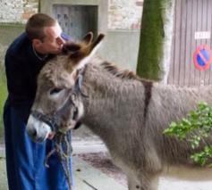 Een broeder van Tiberiade doet aan verkondiging in gezelschap van zijn ezel. © Koen Van den Bossche