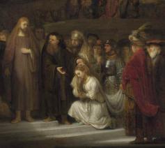 Jezus en de overspelige vrouw (Joh.8:3), Rembrandt van Rijn, 1644, The National Gallery Londen. 