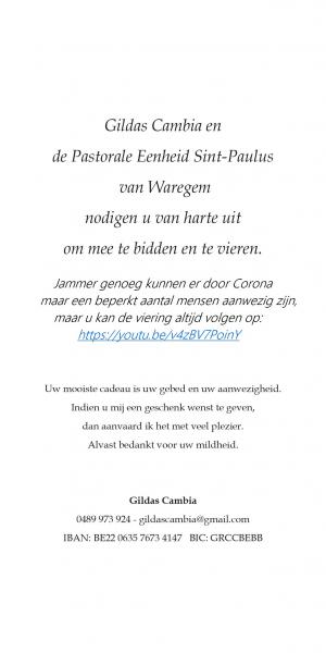 Uitnodiging priesterwijding Gildas Cambia 