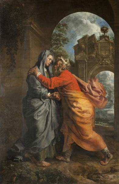 Anna en Joachim, de ouders van Maria, ontmoeten en omhelzen elkaar bij de Gouden Poort. Een alledaagse vormgeving van het feest van de Onbevlekte Ontvangenis van Maria op 8 december. ©  Beeld Theodoor van Loon, foto Katrien Van Acker - KIK-IRPA Brussel. Tekst gebaseerd op OKV.