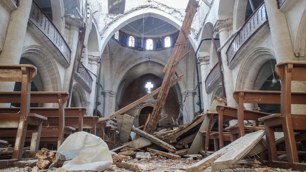 Interieur van de Sint-Elia-kathedraal van Aleppo voor de restauratie © Kerk in Nood