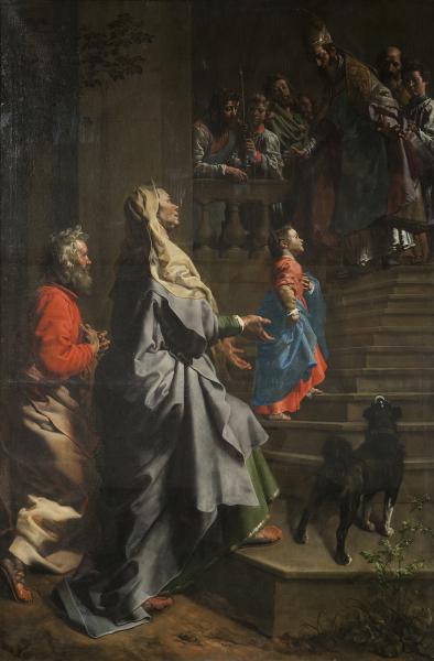 Als Maria 3 jaar is, brengen haar ouders haar naar de tempel (feest van 21 november). Volgens de legende beklom het kleine meisje zelfstandig de trap zonder achterom te kijken. Zoals alle ouders kijken Anna en Joachim trots maar bezorgd toe. © Beeld Theodoor van Loon, foto Katrien Van Acker - KIK-IRPA Brussel. Tekst gebaseerd op OKV.