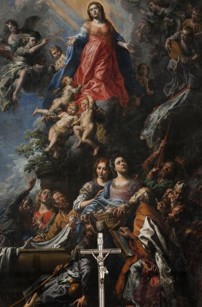 Hoogtepunt is de Tenhemelopneming van Maria (feest van 15-08). De bloemen verwijzen naar de onvergankelijkheid van haar lichaam. De bedevaarder kan zich identificeren met de rustende Sint-Jacob (‘Santiago’) linksonder. Het doel is bereikt. © Beeld Theodoor van Loon, foto Katrien Van Acker - KIK-IRPA Brussel. Tekst gebaseerd op OKV.