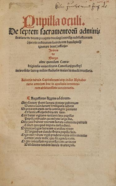 Rood-zwart gedrukt titelblad met zandloperpatroon © Bibliotheek Grootseminarie
