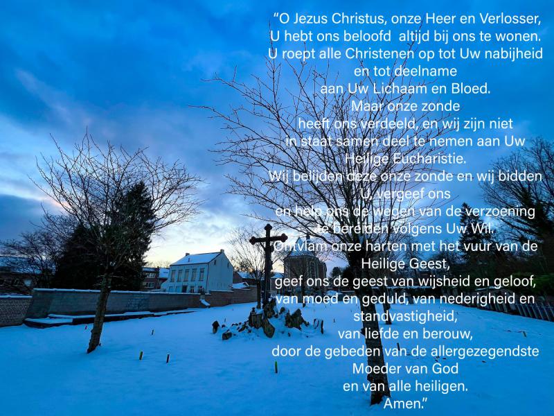 Gebed op sneeuwbeeld Sint Martinus © Chris De Groote