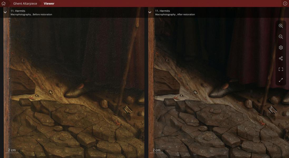 Detail van de Heremieten, voor en na de restauratie. © closertovaneyck.kikirpa.be